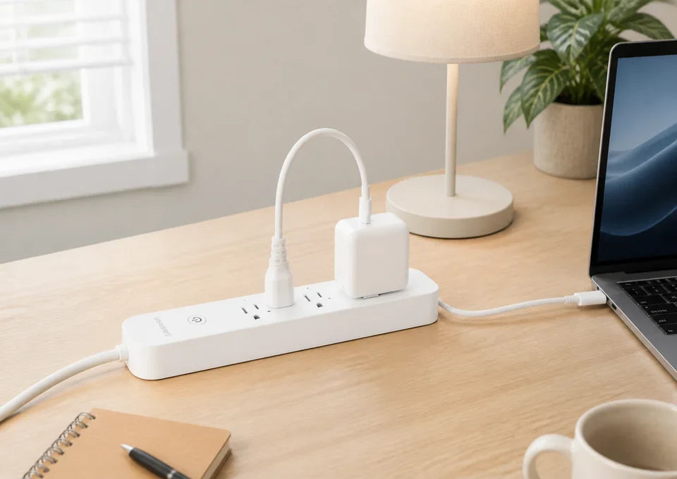 LinkVolt 20307 three-outlet smart power strip on a home office desk