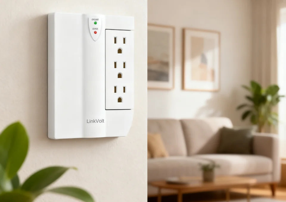 LinkVolt 30617 rotating wall-tap surge protector installed in a living room
