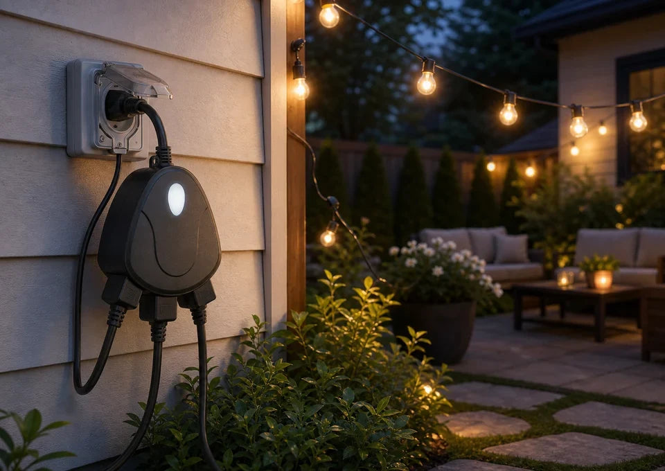 LinkVolt 40329 outdoor smart plug powering patio string lights at dusk