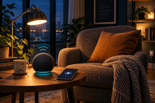 Voice-controlled reading nook with a smart speaker and lamp