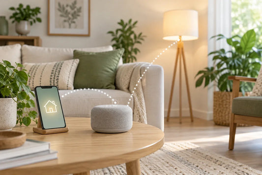Conceptual connected home with a smart speaker, phone and floor lamp