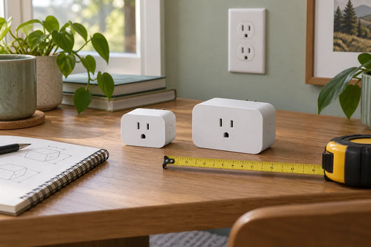 Generic smart plug sizes compared with a measuring tape in a home workspace