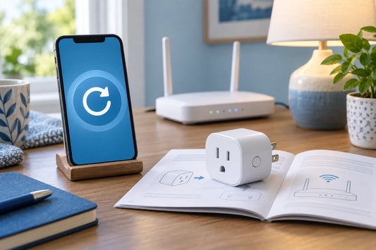 Smart plug restart and reconnection concept with instructions and a phone