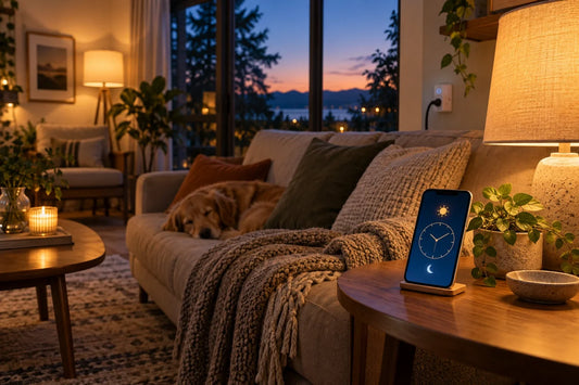 Evening lighting routine with a scheduling clock on a phone