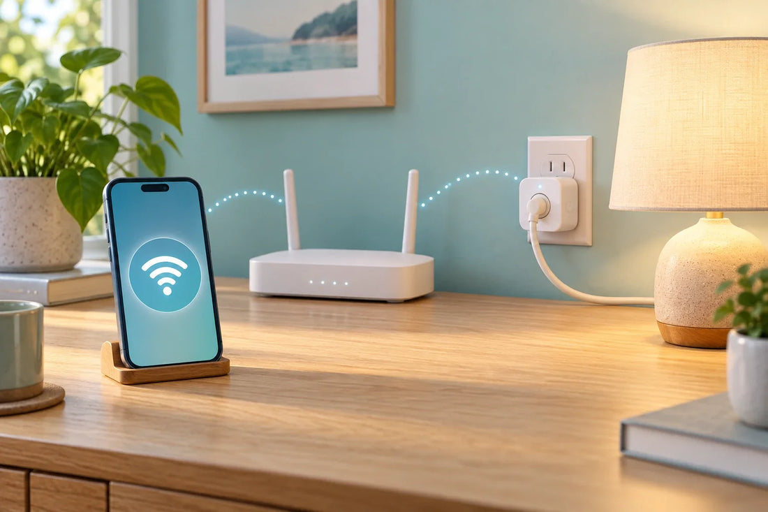 Conceptual Wi-Fi smart plug setup with a phone, router and lamp