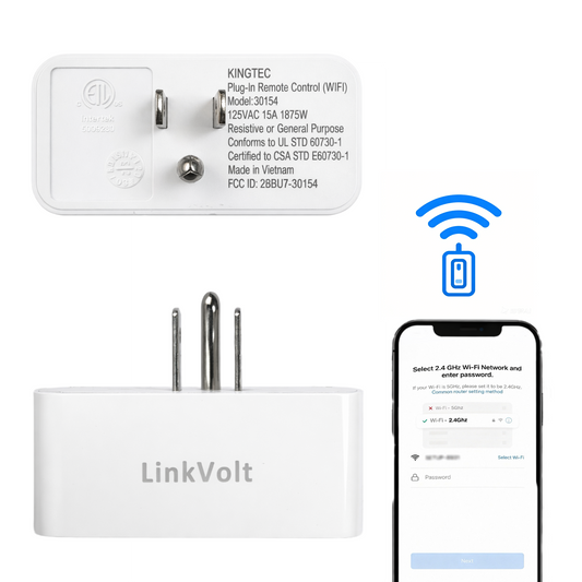 LinkVolt 30154 smart plug 2.4GHz Wi-Fi setup and product label
