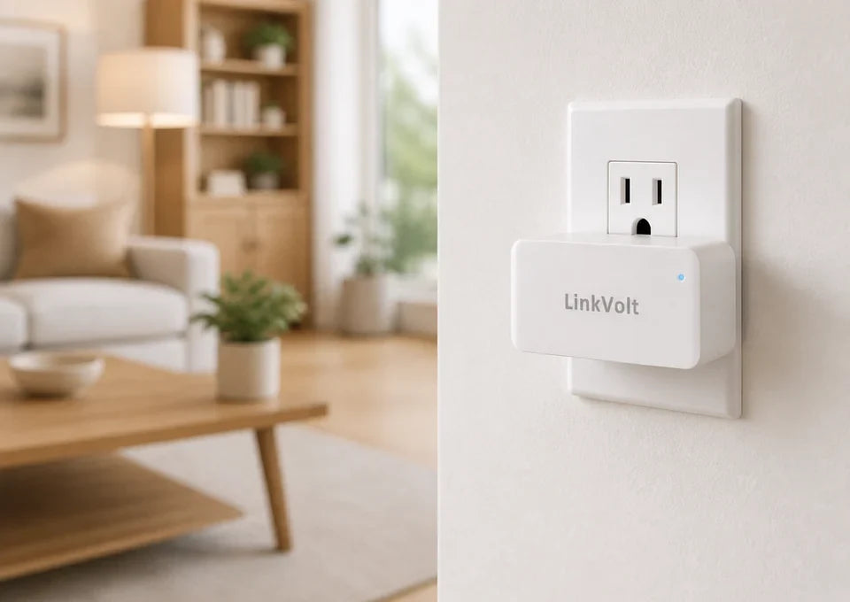 LinkVolt 30154 Wi-Fi smart plug installed in a modern living room