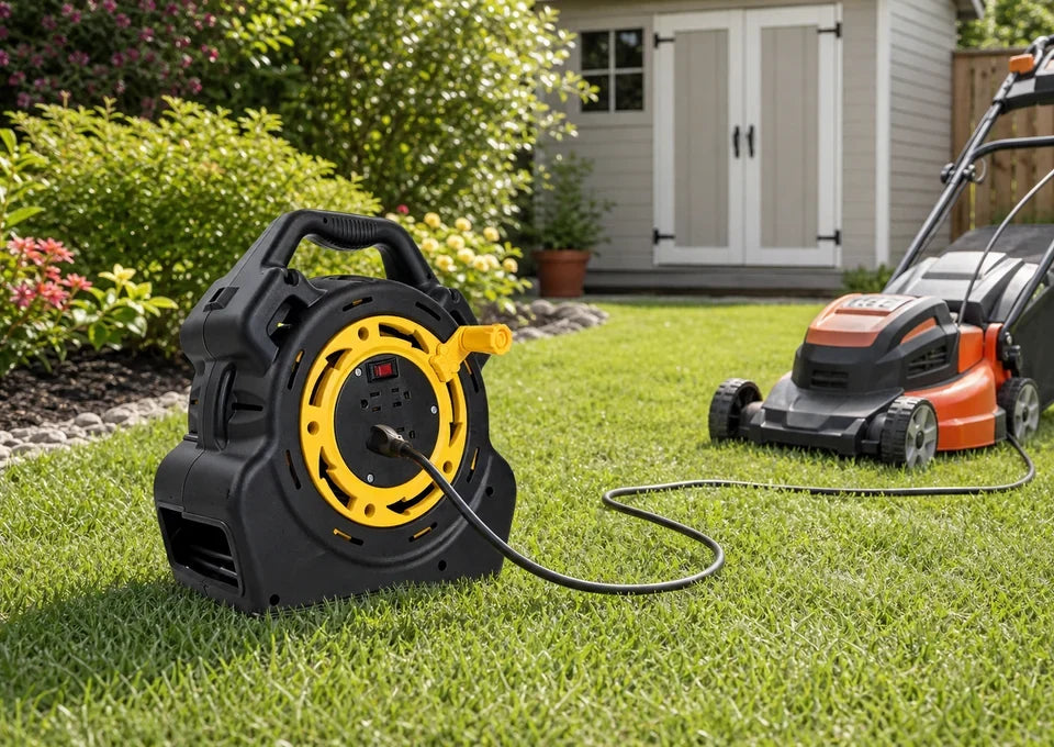 LinkVolt Y2507260-4 extension cord reel powering a lawn mower in a backyard