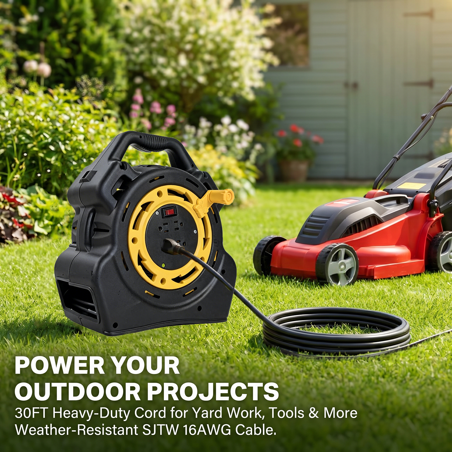LinkVolt heavy-duty outdoor extension cord reel powering yard equipment