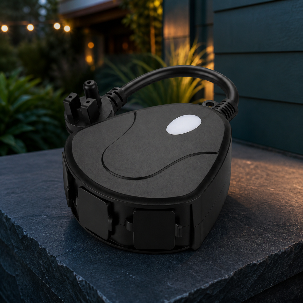 LinkVolt smart outdoor Wi-Fi plug in a garden setting